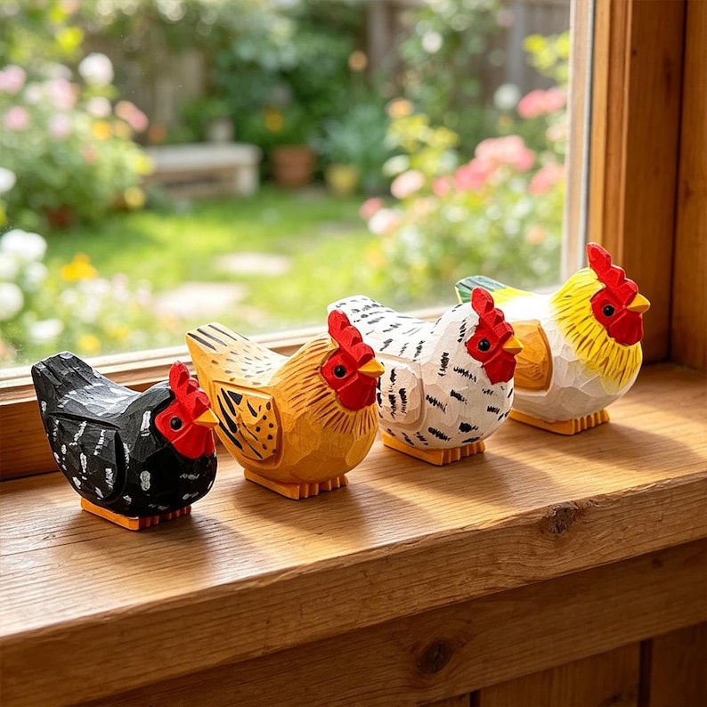 Figurine de poule en bois rustique, décoration d'étagère fermière, 5x6 cm