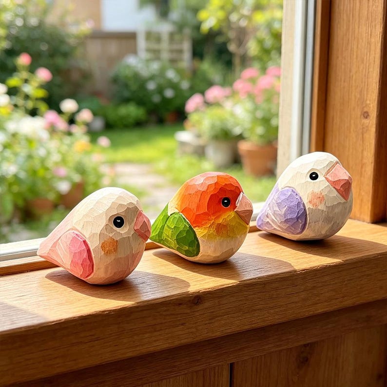 Mini figurines d'oiseaux en bois, ensemble de 6 sculptures d'animaux peintes à la main, décoration pastel pour étagères
