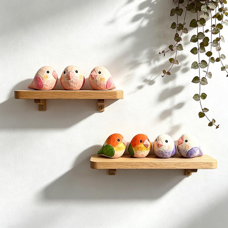 Mini figurines d'oiseaux en bois, ensemble de 6 sculptures d'animaux peintes à la main, décoration pastel pour étagères