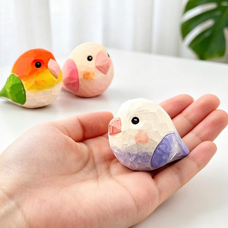 Mini figurines d'oiseaux en bois, ensemble de 6 sculptures d'animaux peintes à la main, décoration pastel pour étagères