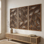 Lot de 3 panneaux muraux en bois feuilles tropicales, décoration botanique neutre