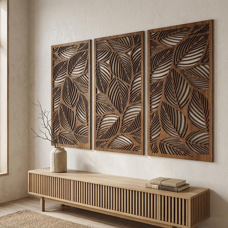 Lot de 3 panneaux muraux en bois feuilles tropicales, décoration botanique neutre