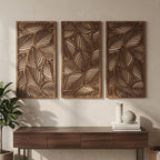 Lot de 3 panneaux muraux en bois feuilles tropicales, décoration botanique neutre