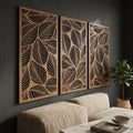 Lot de 3 panneaux muraux en bois feuilles tropicales, décoration botanique neutre