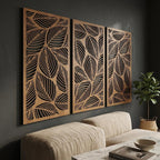 Lot de 3 panneaux muraux en bois feuilles tropicales, décoration botanique neutre