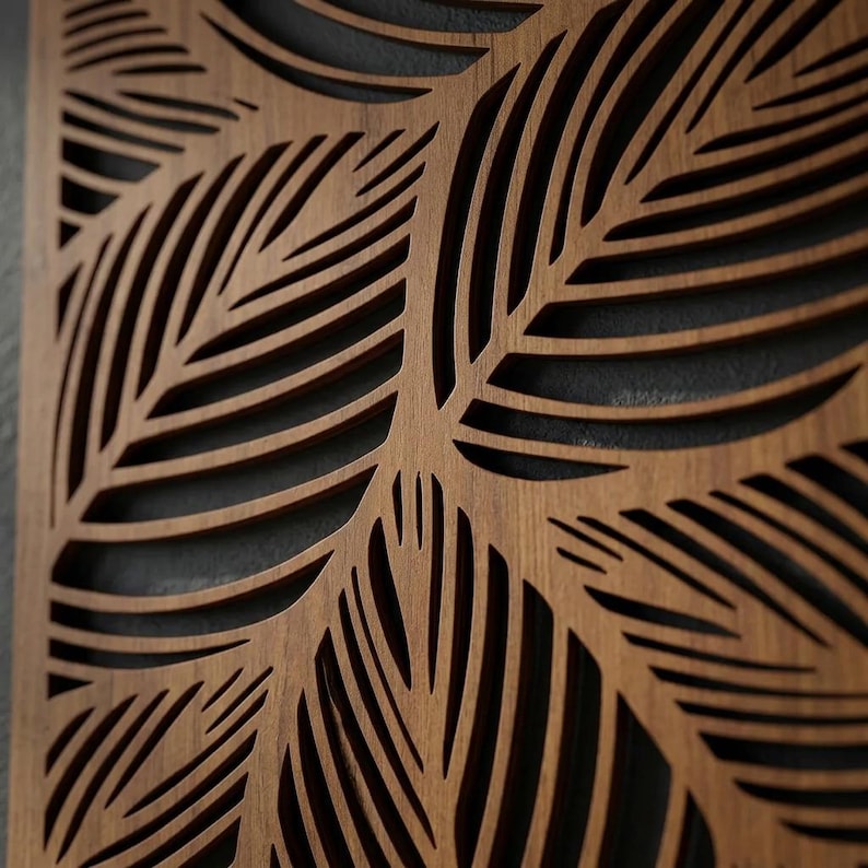 Lot de 3 panneaux muraux en bois feuilles tropicales, décoration botanique neutre