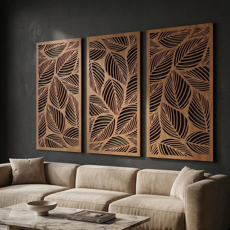 Lot de 3 panneaux muraux en bois feuilles tropicales, décoration botanique neutre