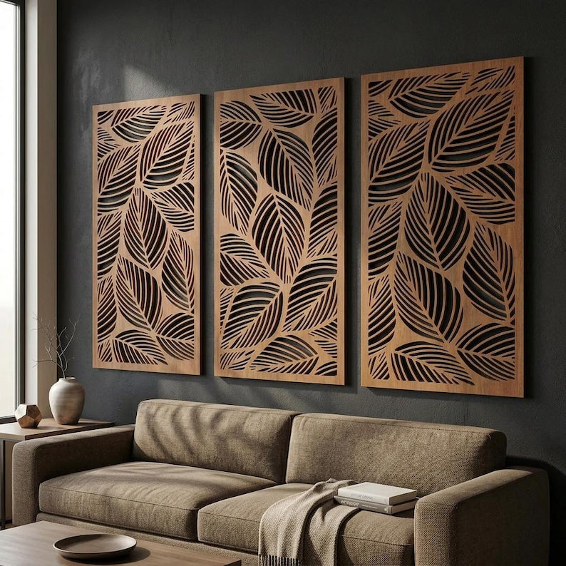 Lot de 3 panneaux muraux en bois feuilles tropicales, décoration botanique neutre
