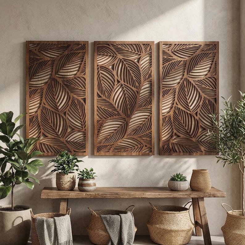 Lot de 3 panneaux muraux en bois feuilles tropicales, décoration botanique neutre
