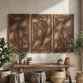 Lot de 3 panneaux muraux en bois feuilles tropicales, décoration botanique neutre