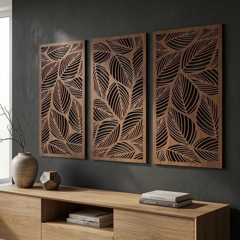 Lot de 3 panneaux muraux en bois feuilles tropicales, décoration botanique neutre