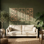 Art mural ginkgo en bois 3 pièces, panneaux muraux triptyque, décoration bohème, grand art mural bois