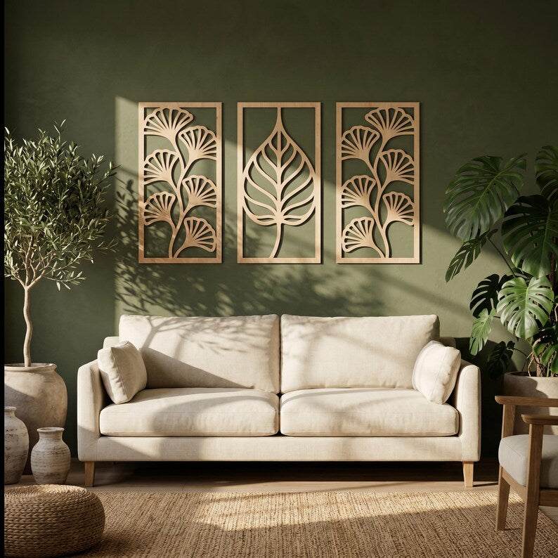Art mural ginkgo en bois 3 pièces, panneaux muraux triptyque, décoration bohème, grand art mural bois