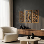 Art mural ginkgo en bois 3 pièces, panneaux muraux triptyque, décoration bohème, grand art mural bois