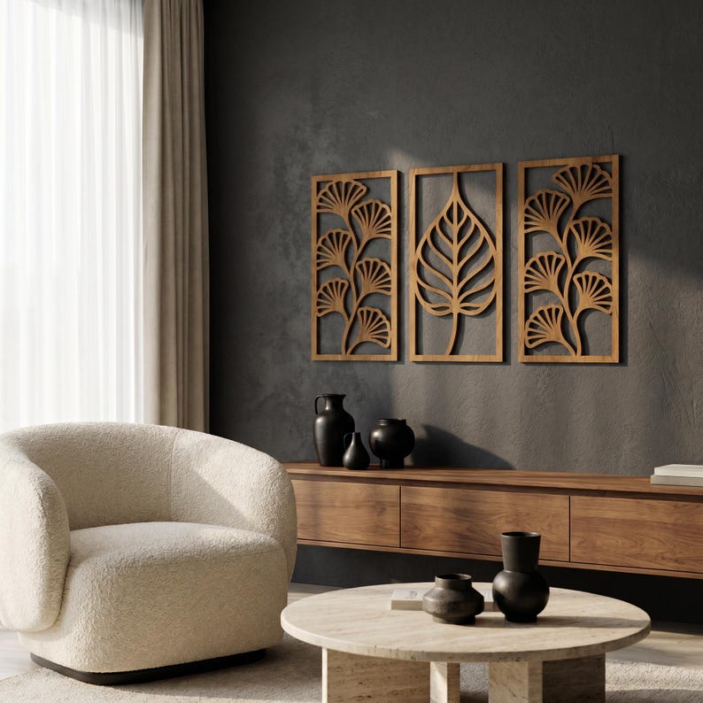 Art mural ginkgo en bois 3 pièces, panneaux muraux triptyque, décoration bohème, grand art mural bois