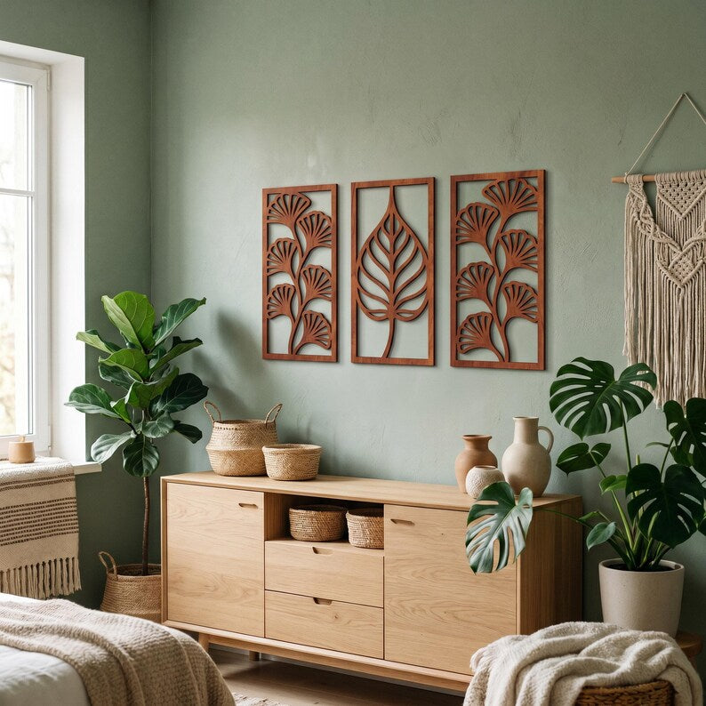 Art mural ginkgo en bois 3 pièces, panneaux muraux triptyque, décoration bohème, grand art mural bois