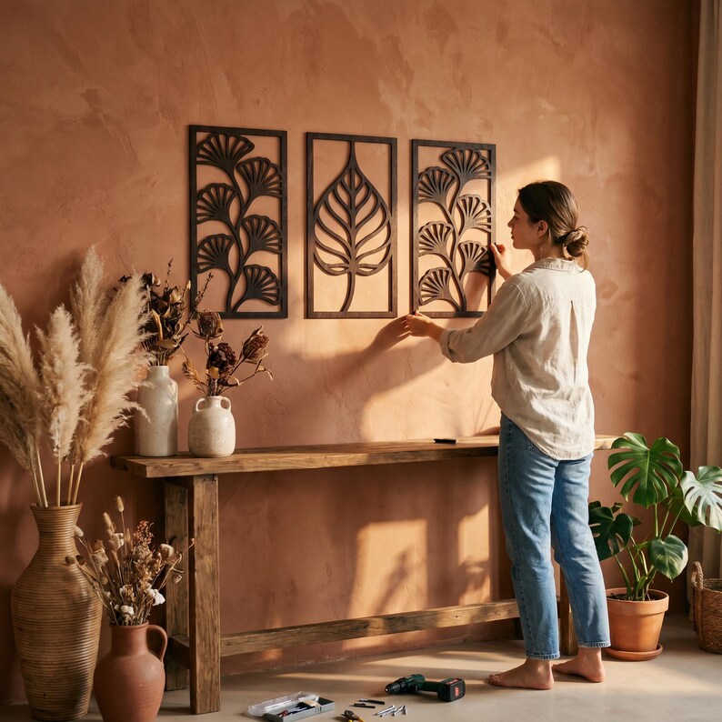 Art mural ginkgo en bois 3 pièces, panneaux muraux triptyque, décoration bohème, grand art mural bois