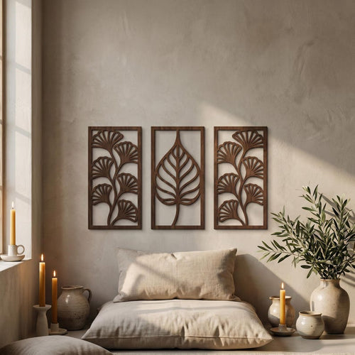 Art mural ginkgo en bois 3 pièces, panneaux muraux triptyque, décoration bohème, grand art mural bois