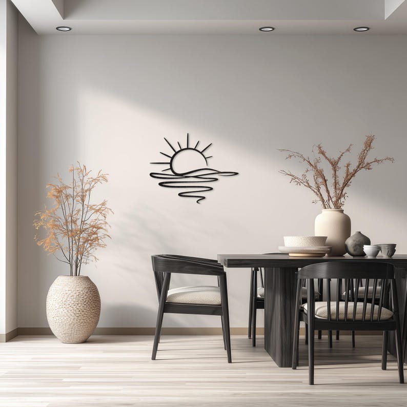 Suspension murale en bois coucher de soleil, décoration côtière minimaliste, découpée au laser, décoration naturelle pour maison de plage