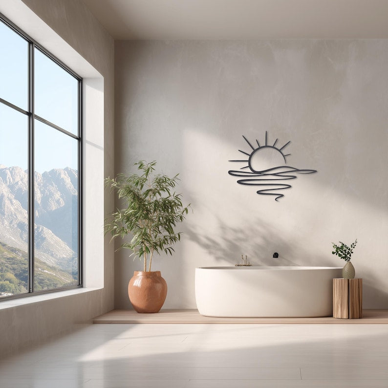 Suspension murale en bois coucher de soleil, décoration côtière minimaliste, découpée au laser, décoration naturelle pour maison de plage