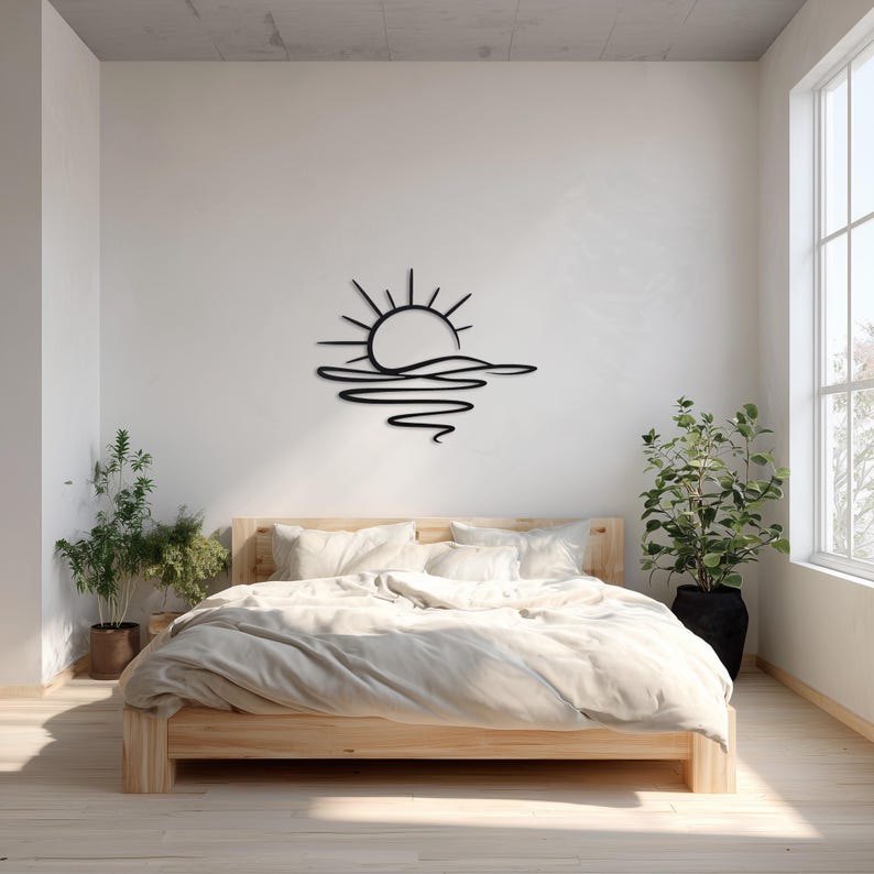 Suspension murale en bois coucher de soleil, décoration côtière minimaliste, découpée au laser, décoration naturelle pour maison de plage