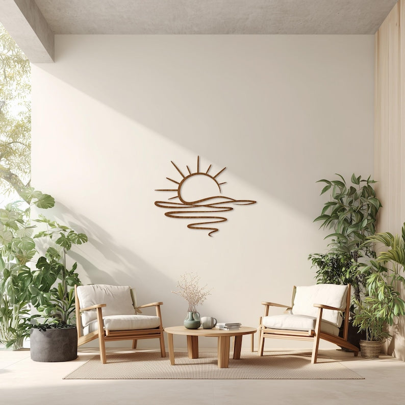 Suspension murale en bois coucher de soleil, décoration côtière minimaliste, découpée au laser, décoration naturelle pour maison de plage