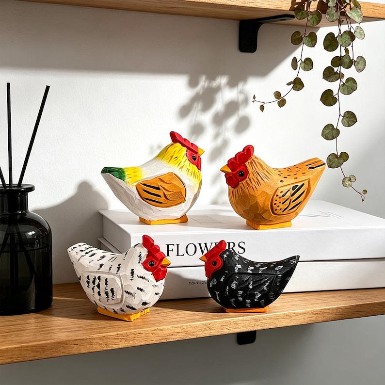 Figurine de poule en bois rustique, décoration d'étagère fermière, 5x6 cm