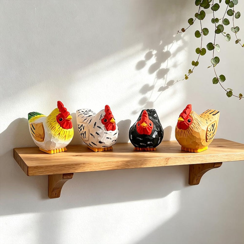 Figurine de poule en bois rustique, décoration d'étagère fermière, 5x6 cm