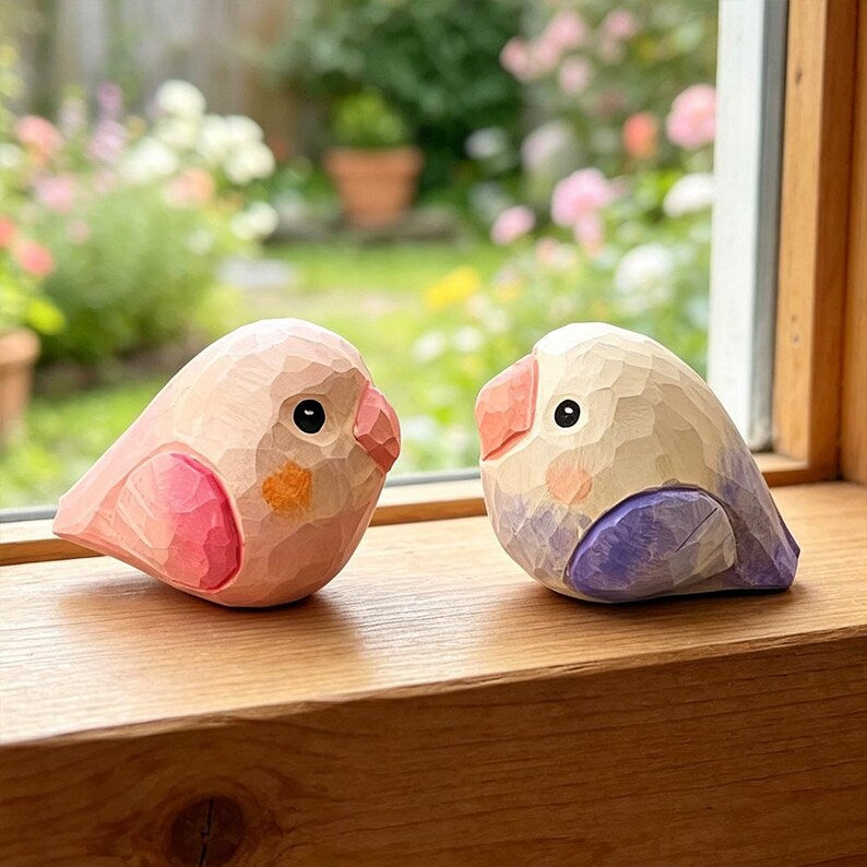 Mini figurines d'oiseaux en bois, ensemble de 6 sculptures d'animaux peintes à la main, décoration pastel pour étagères