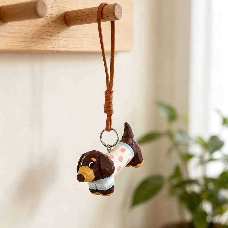 Teckel en bois sculpté à la main, breloque suspendue chien saucisse à pois, pendentif rétroviseur voiture, figurine bureau