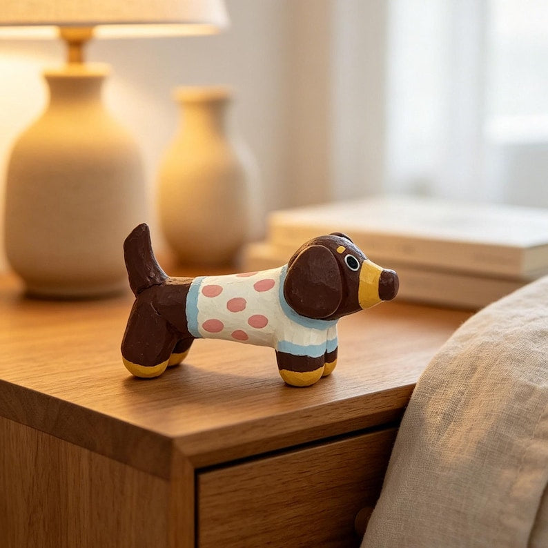 Teckel en bois sculpté à la main, breloque suspendue chien saucisse à pois, pendentif rétroviseur voiture, figurine bureau