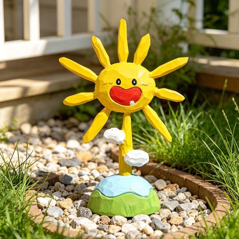 Sculpture Soleil Souriant en Bois Peinte à la Main, Décoration de Bureau pour Chambre