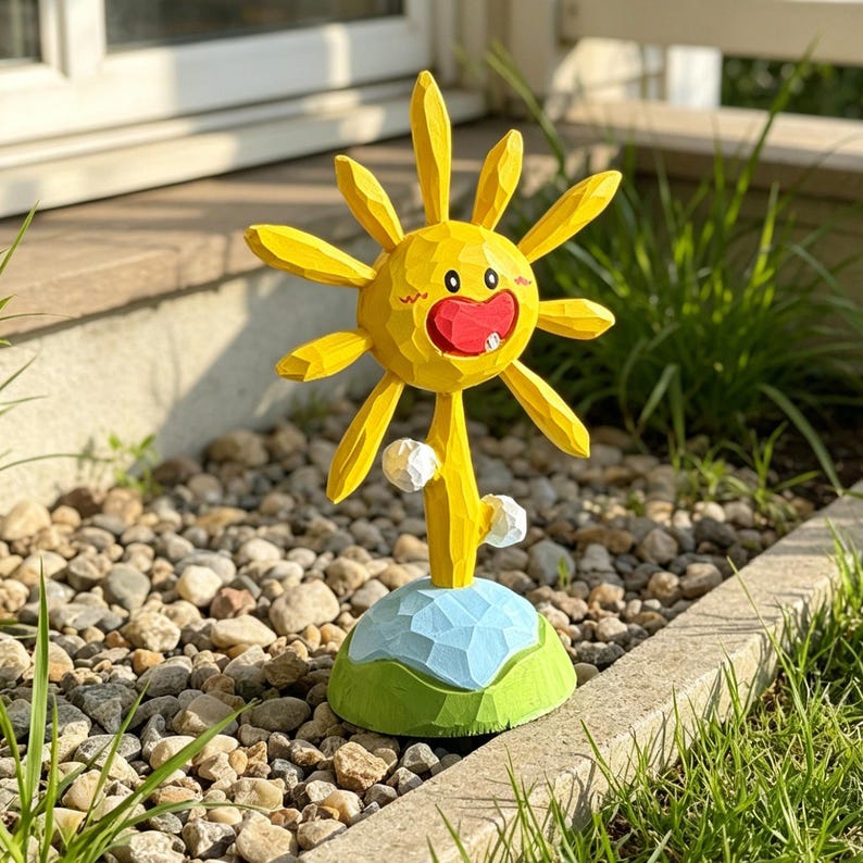 Sculpture Soleil Souriant en Bois Peinte à la Main, Décoration de Bureau pour Chambre