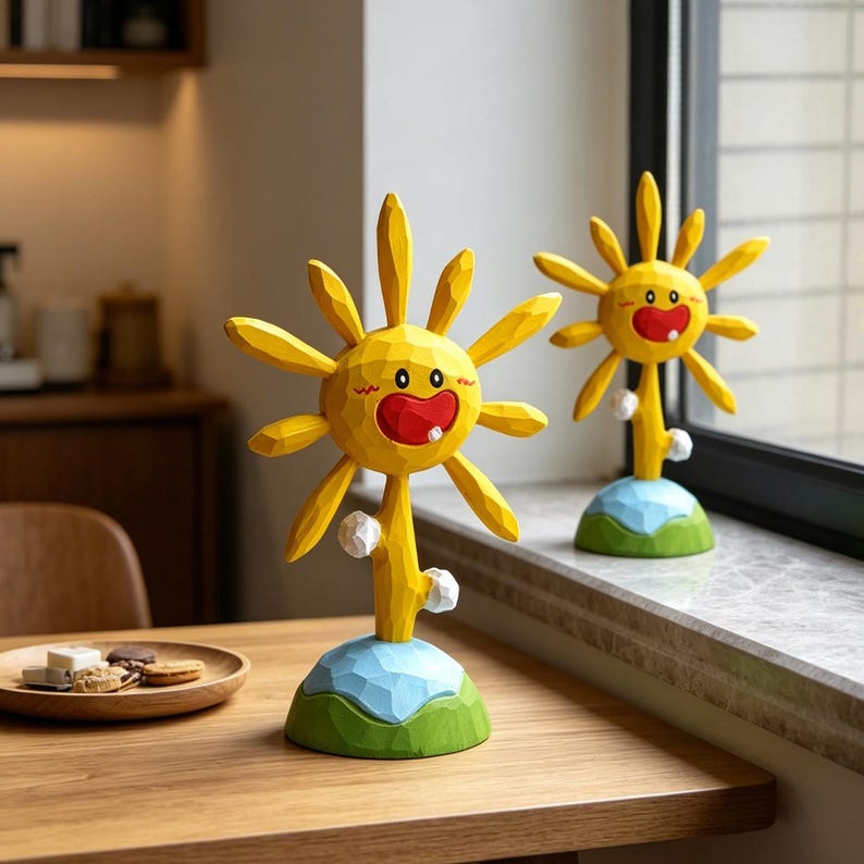 Sculpture Soleil Souriant en Bois Peinte à la Main, Décoration de Bureau pour Chambre