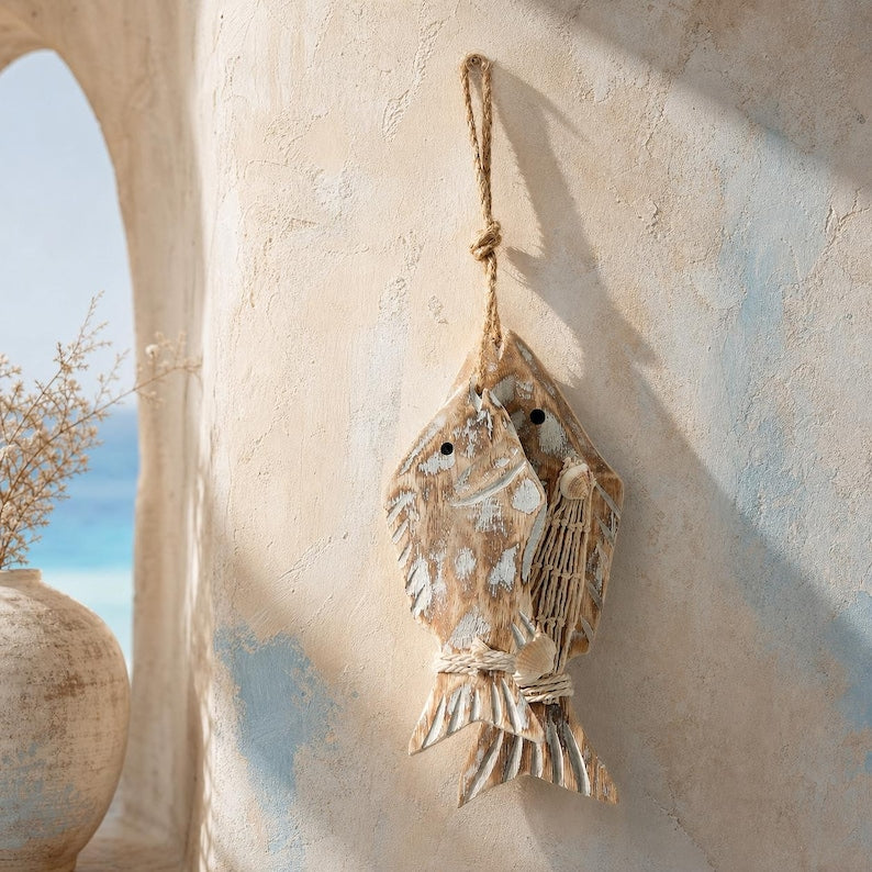 Guirlande de poissons en bois vieilli rustique méditerranéen, décoration murale nautique côtier