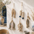 Guirlande de poissons en bois vieilli rustique méditerranéen, décoration murale nautique côtier