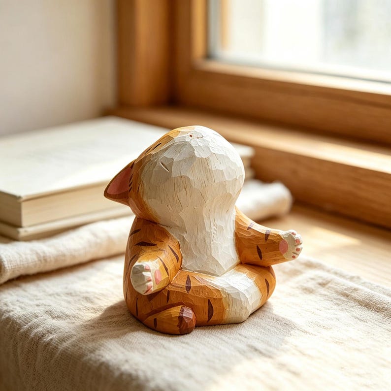 Figurine de chat yoga en bois massif sculptée à la main, décoration de bureau chaton tigré, cadeau pour amateur de yoga