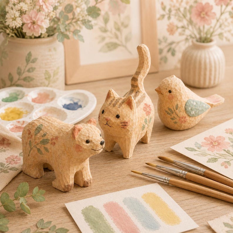 Figurines d'animaux en bois à peindre - Chien, Ours, Oiseau
