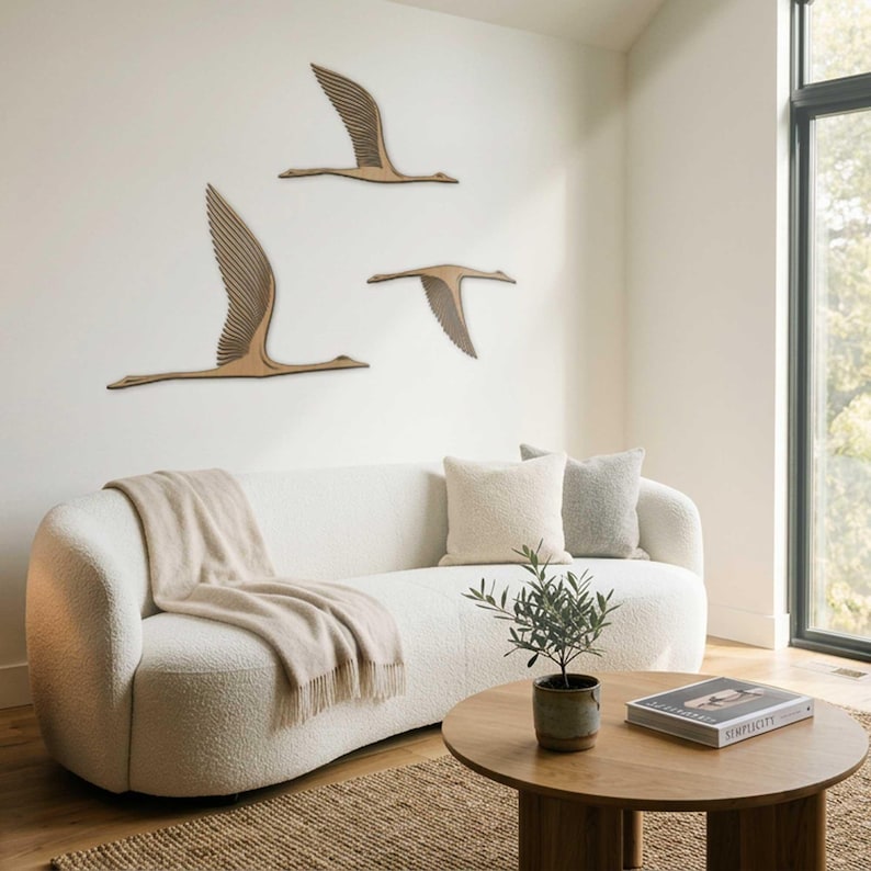 Lots de 3 panneaux muraux d'oiseaux Japandi en bois - Décoration murale Flying Cranes