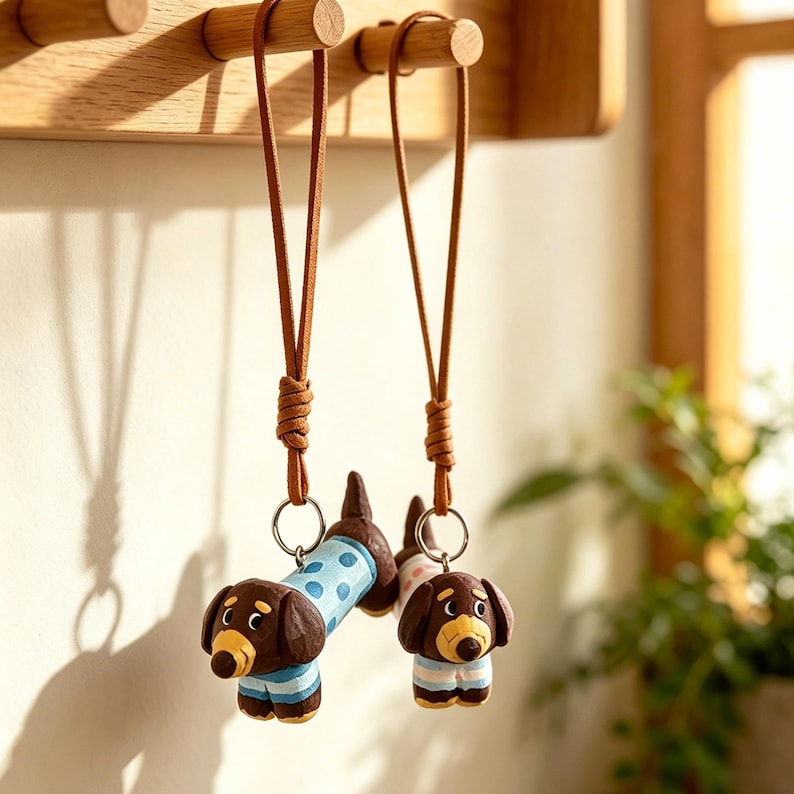 Teckel en bois sculpté à la main, breloque suspendue chien saucisse à pois, pendentif rétroviseur voiture, figurine bureau