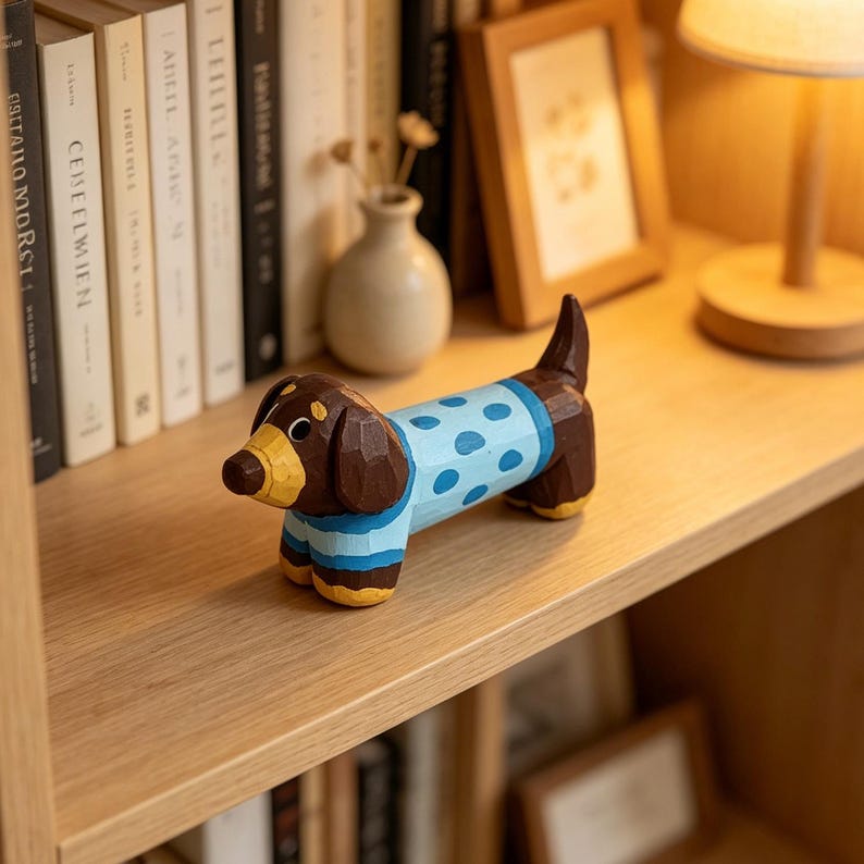 Teckel en bois sculpté à la main, breloque suspendue chien saucisse à pois, pendentif rétroviseur voiture, figurine bureau
