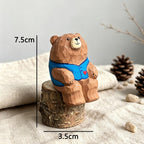 Figurine ours en bois sculptée à la main, ornement de bureau ours gilet bleu, cadeau animal de la forêt