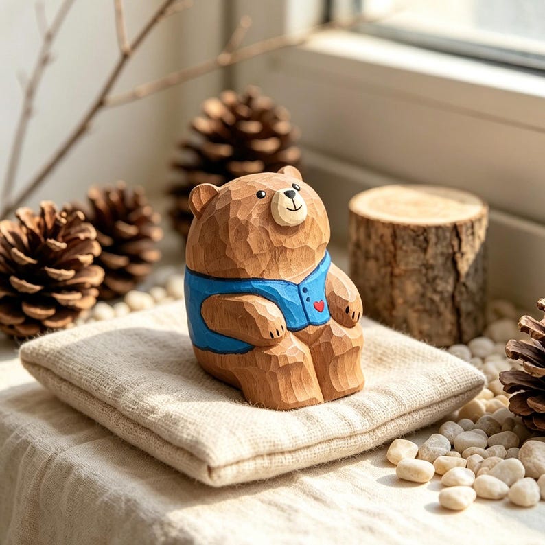 Figurine ours en bois sculptée à la main, ornement de bureau ours gilet bleu, cadeau animal de la forêt