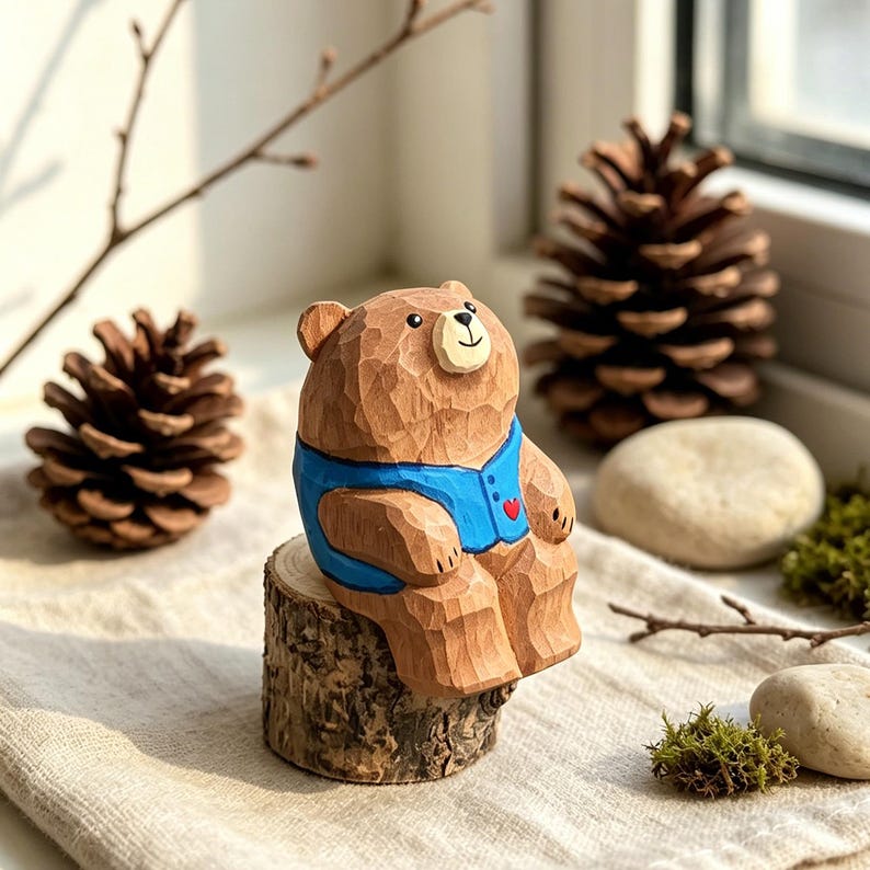 Figurine ours en bois sculptée à la main, ornement de bureau ours gilet bleu, cadeau animal de la forêt