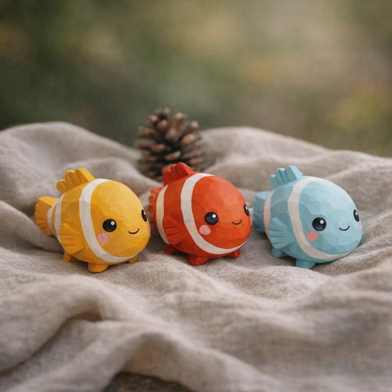 Lot de 3 figurines poisson en bois - Décoration étagère scandinave, couleurs bleu rouge orange, taille 2,5 cm