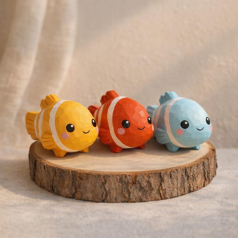 Lot de 3 figurines poisson en bois - Décoration étagère scandinave, couleurs bleu rouge orange, taille 2,5 cm