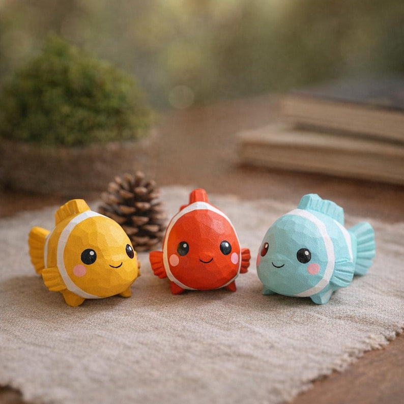 Lot de 3 figurines poisson en bois - Décoration étagère scandinave, couleurs bleu rouge orange, taille 2,5 cm