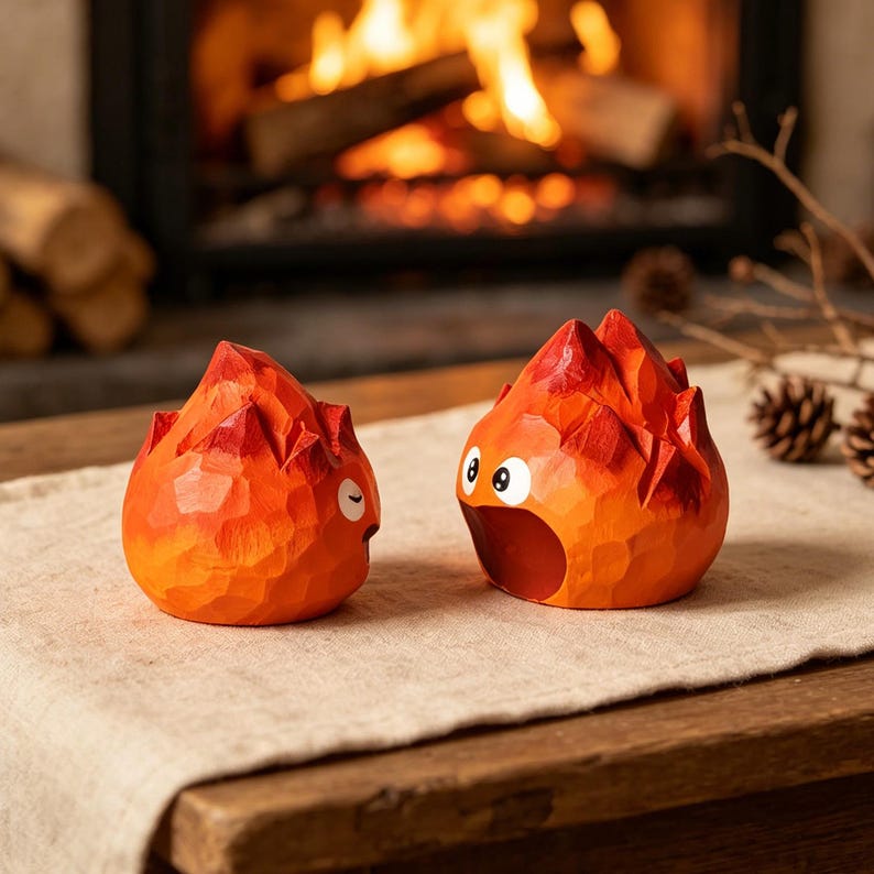 Figurine d'esprit du feu en bois sculptée à la main, ornement de bureau flammes 4 cm