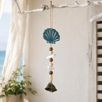 Carillon éolien en bois méditerranéen avec étoile de mer et coquillages, décoration murale côtière, laiton antique, peint à la main