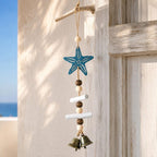 Carillon éolien en bois méditerranéen avec étoile de mer et coquillages, décoration murale côtière, laiton antique, peint à la main